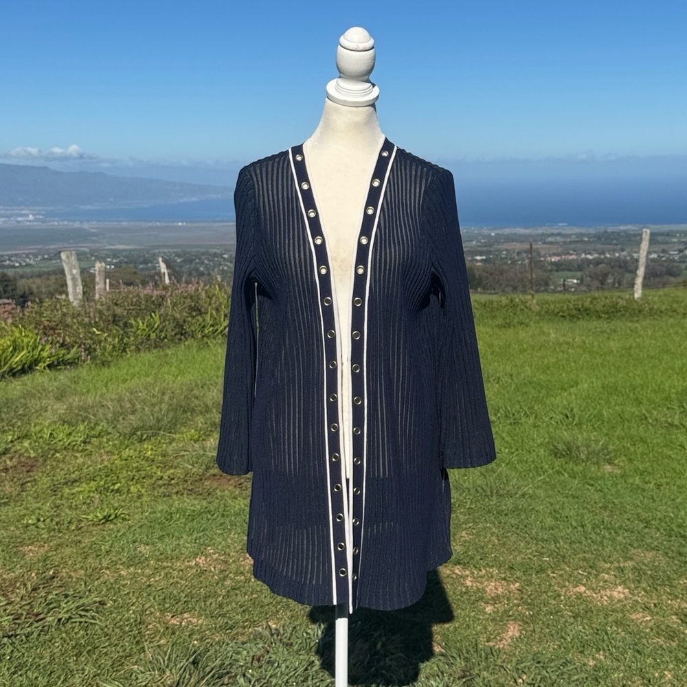 Ming Wang Sweater Navy blue Knit Ribbed Cardigan Duster Long Sleeve Rivets S